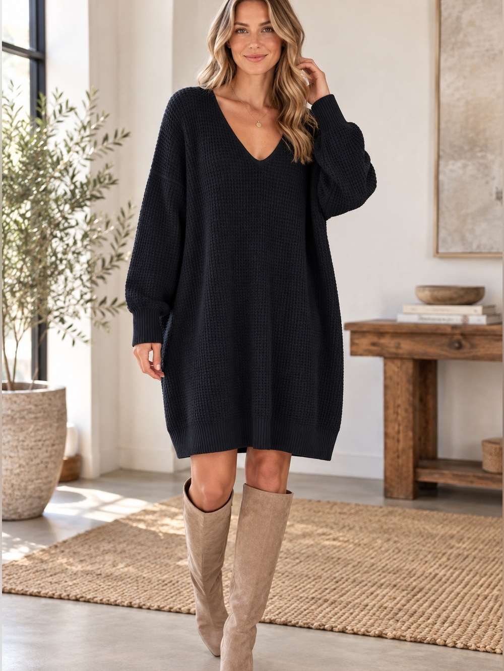 Free People black Off-the-Shoulder V-Neck Knit Dress Sweater